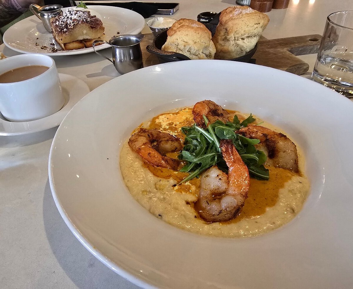 Stella San Jac signature dishes #16 Biscuits (with bacon jam), Gulf Shrimp and Grits.
